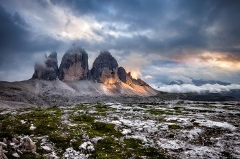 Tre Cime at cloudy sunset, Italian Dolomites