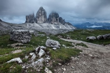 Tre Cime at cloudy evening, Italian Dolomites
