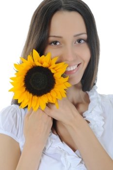 Woman with a sunflower. Isolated on white background