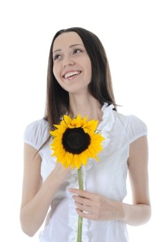 brunette with a sunflower. Isolated on white background