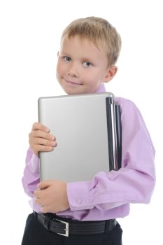 little boy with a laptop. Isolated on white background
