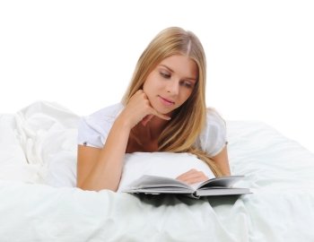 woman in the bed reading a book. Isolated on white background