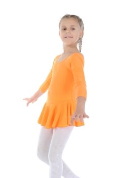 beautiful ballerina dancing in an orange dress. Isolated on white background