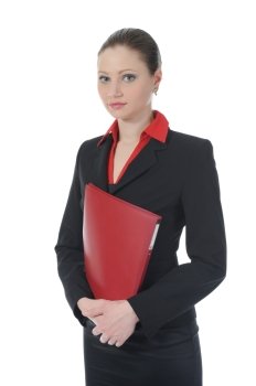 businesswoman holding documents. Isolated on white background