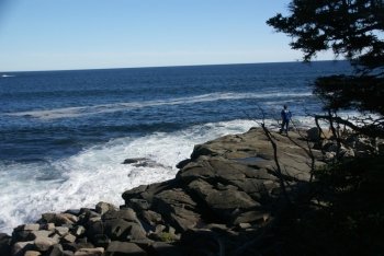 Visitor watching the tide from rocky perch,		Schoodic Point,	Acadia National park, Maine, New England
