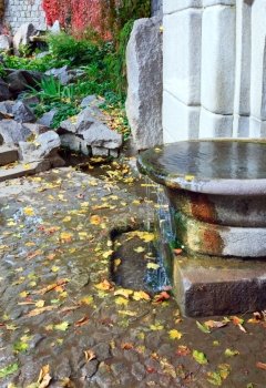 Small waterfall in bowl shape and abscissed yellow leaf in autumn park