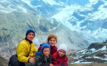 Summer view to Kaunertal Gletscher and family (Austria, Tirol).