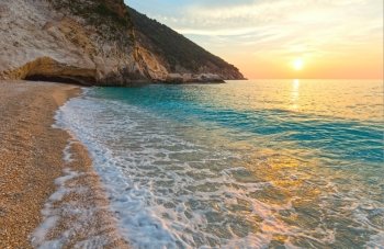 Sea sunset view from Myrtos Beach (Greece,  Kefalonia, Ionian Sea).