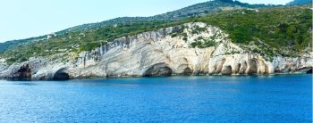 View of Blue Caves from ferry (Zakynthos, Greece, Cape Skinari ). Panorama.