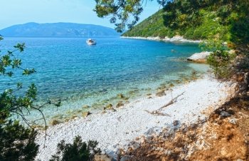 Antisamos beach. Summer sea view with boat (Greece,  Kefalonia).