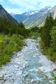 Grimsel Pass summer landscape with river and fir forest(Switzerland, Bernese Alps).
