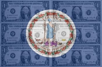 transparent united states of america state flag of virginia with dollar currency in background symbolizing political, economical and social government