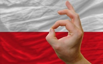 man showing excellence or ok gesture in front of complete wavy poland national flag of  symbolizing best quality, positivity and succes