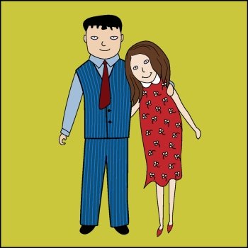 Happy couple, the man in a suit with a tie, the woman in a red dress. EPS10 vector illustration.