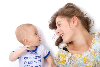 mother talks with her baby boy on withe background