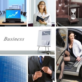 collage of business situations in modern world with companies and their workers
