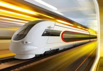 super streamlined train with motion blur moves in tunnel