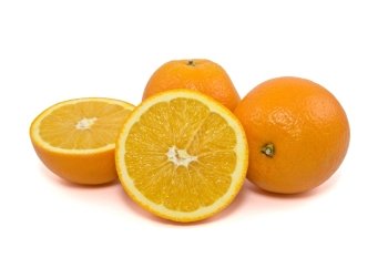	Ripe orange fruits, isolated on white background