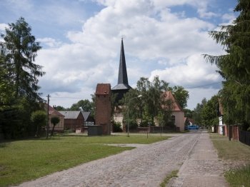 Village with church in Garz, in the municipality of Temnitztal in Ostprignitz-Ruppin, Brandenburg, Germany