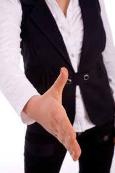 front view of woman offering handshake on an isolated white background