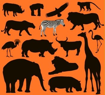African animals silhouettes set. Vector illustration. EPS 10