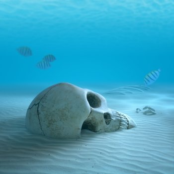 Skull on sandy ocean bottom with small fish cleaning some bones ( 3d render with slight differential focus)