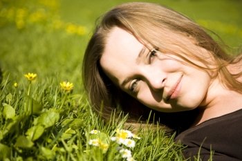 Woman Resting In Meadow. Spring.