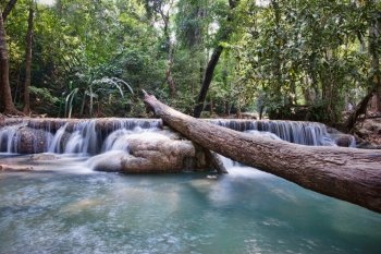 beautiful waterfall cascades in erawan kanachanburi thailand