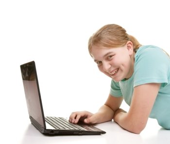 teenage girl using laptop isolated on white