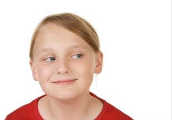cute young girl with eyes looking at white copyspace