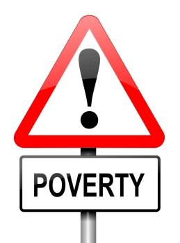 Illustration depicting a red and white triangular warning sign with a poverty concept.White background.