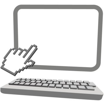A hand cursor clicks on a 3D desktop computer monitor copyspace over a keyboard.