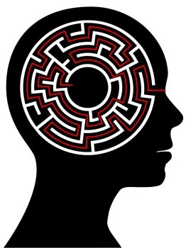 A circle radial maze puzzle as a brain in a profile person’s head.
