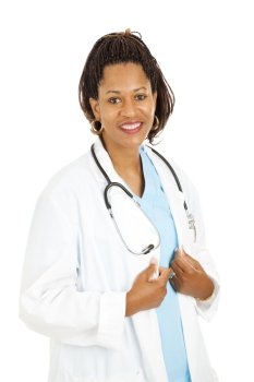 Beautiful african-american female doctor.  Isolated on white background.  