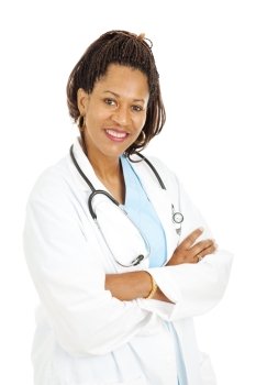 Beautiful African-american female doctor isolated on a white background.