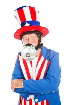 American icon Uncle Sam wearing a gas mask.  Metaphor for air pollution or chemical attack.  