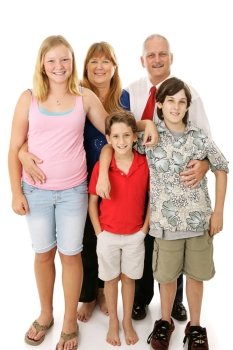 Beautiful happy blended family - father, mother, two boys, and a girl.  Boys belong to the dad, girl to the mom.   Full body isolated against a white background.  