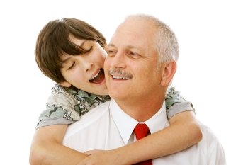 Son giving his father a hug.  Isolated on white background.  