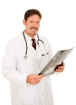 Handsome, friendly doctor holding x-ray or MRI film.  Isolated on white.  