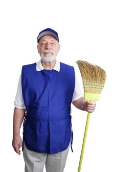 A senior man, unable to retire and working as a janitor at a discount store, posing with his broom.