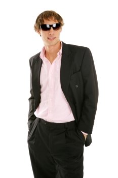 Handsome young businessman posing in fashionable sunglasses.  Isolated on white.  