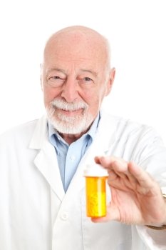Friendly pharmacist holding a prescription bottle of pills.  White background.  