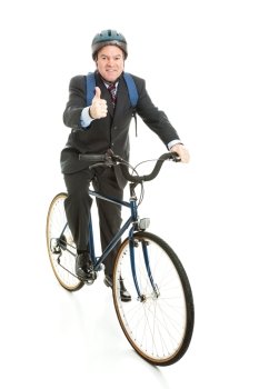 Businessman bicycling to work and giving a thumbs up for energy efficiency.  Full Body isolated on white.  