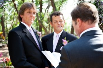 Handsome gay male couple getting married by a minister in beautiful outdoor setting.  