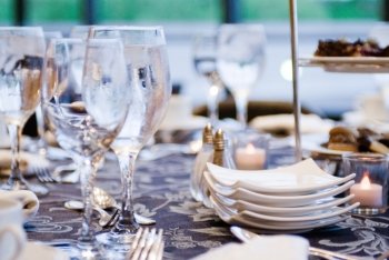 Elegant place settings at a formal banquet