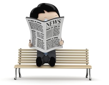 Hot news! Social 3D characters: businessman in suit reading newspaper on a bench. New constantly growing collection of expressive unique multiuse people images. Concept for news illustration. Isolated.