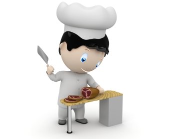 Cook at work! Social 3D characters: happy smiling cook in uniform cuting ham. New constantly growing collection of expressive unique multiuse people images. Concept for cooking illustration. Isolated.
