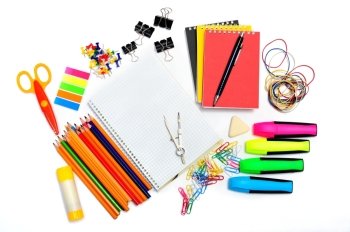 Notepad with stationary objects on white background