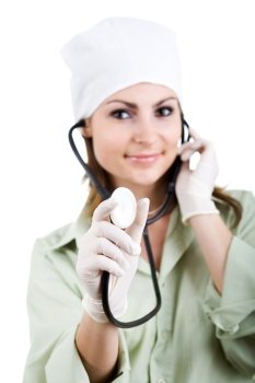 An image of smiling woman with stethoscope