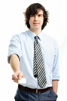 An image of yound businessman showing white card